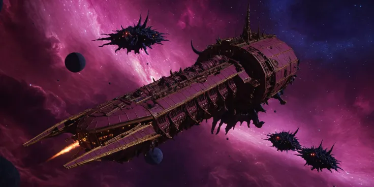 Generate a stunning art style, a true [masterpiece] [best quality] of art. The image showcases [detailed linework], [dynamic shading], and [dramatic lighting], bringing to life a [dreading atmosphere, grim dark coloures]. In the background a [space, maelstrom, nebula, asteroids, pink lighting, warped,warhammer 40k] is to be seen in [grand:1.8, high-scale:1.8, panorama:1.8] from [from below]. A demonic  chaoswarfleet spacecraft with [tentacles and many eyes], charging forward
<lora:Chaos_Warfleet_-_Warhammer_40000_SDXL:0.8>
