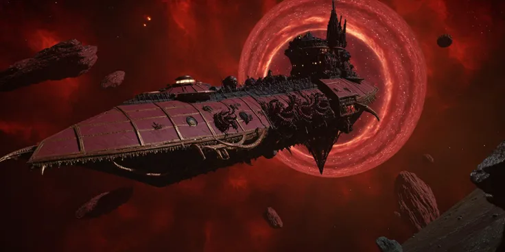 Generate a stunning art style, a true [masterpiece] [best quality] of art. The image showcases [detailed linework], [dynamic shading], and [dramatic lighting], bringing to life a [dreading atmosphere, grim dark coloures]. In the background a [space, maelstrom, nebula, asteroids, red lighting, warped,warhammer 40k] is to be seen in [grand:1.8, high-scale:1.8, panorama:1.8] from [from below]. A demonic  chaoswarfleet spacecraft with [tentacles and many eyes], charging forward
<lora:Chaos_Warfleet_-_Warhammer_40000_SDXL:0.8>