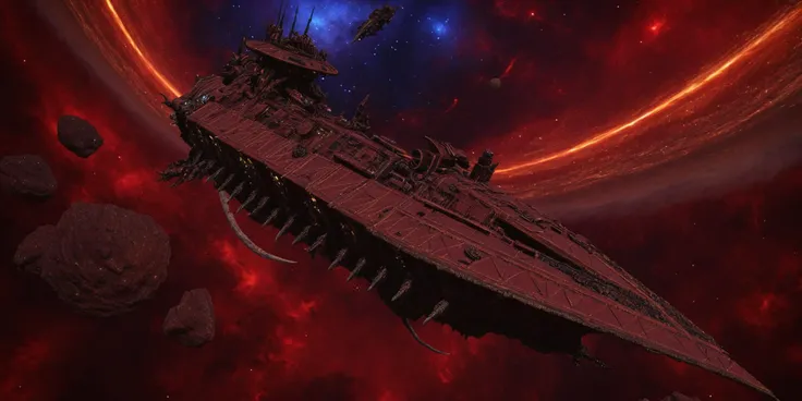 Generate a stunning art style, a true [masterpiece] [best quality] of art. The image showcases [detailed linework], [dynamic shading], and [dramatic lighting], bringing to life a [dreading atmosphere, grim dark coloures]. In the background a [space, maelstrom, nebula, asteroids, red lighting, warped,warhammer 40k] is to be seen in [grand:1.8, high-scale:1.8, panorama:1.8] from [from below]. A demonic  chaoswarfleet spacecraft with [tentacles and many eyes], charging forward
<lora:Chaos_Warfleet_-_Warhammer_40000_SDXL:0.8>