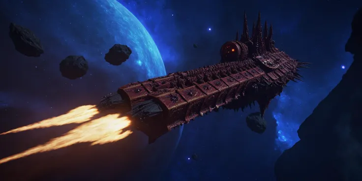 Generate a stunning art style, a true [masterpiece] [best quality] of art. The image showcases [detailed linework], [dynamic shading], and [dramatic lighting], bringing to life a [dreading atmosphere, grim dark coloures]. In the background a [space, maelstrom, nebula, asteroids, blue lighting, warped,warhammer 40k] is to be seen in [grand:1.8, high-scale:1.8, panorama:1.8] from [from below]. A demonic  chaoswarfleet spacecraft with [gothic style, tentacles, warp fire, many eyes], charging forward
<lora:Chaos_Warfleet_-_Warhammer_40000_SDXL:0.8>