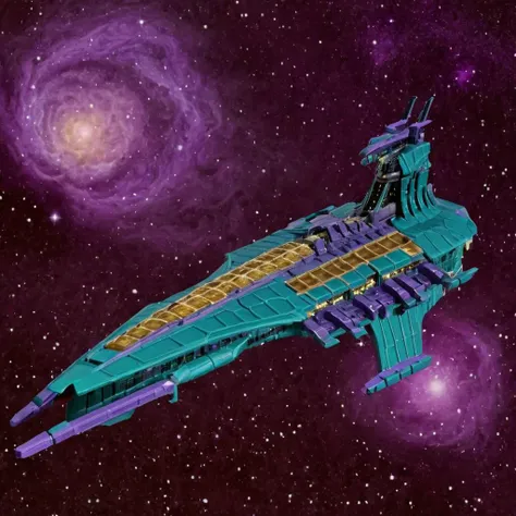 side view,in outer space,simple background,matte painting,painting, <lora:Chaos_Warfleet_-_Warhammer_40000_SDXL:0.8>, a teal green and purple chaoswarfleet heavy cruiser, smooth hull, ((honeycomb armor plates)),no_humans,
