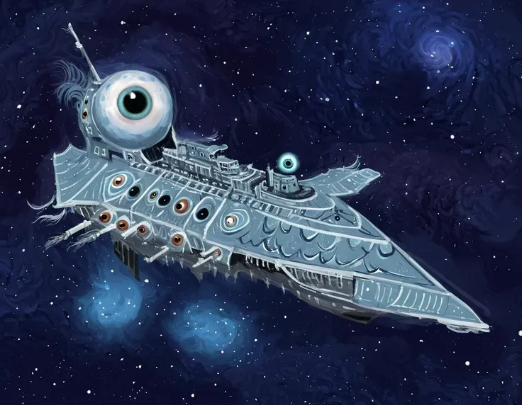 digital painting,<lora:Chaos_Warfleet_-_Warhammer_40000_SDXL:0.95>,a pale blue chaoswarfleet ship with giant eyeballs in outer space, no_humans,impressionist style,feathers