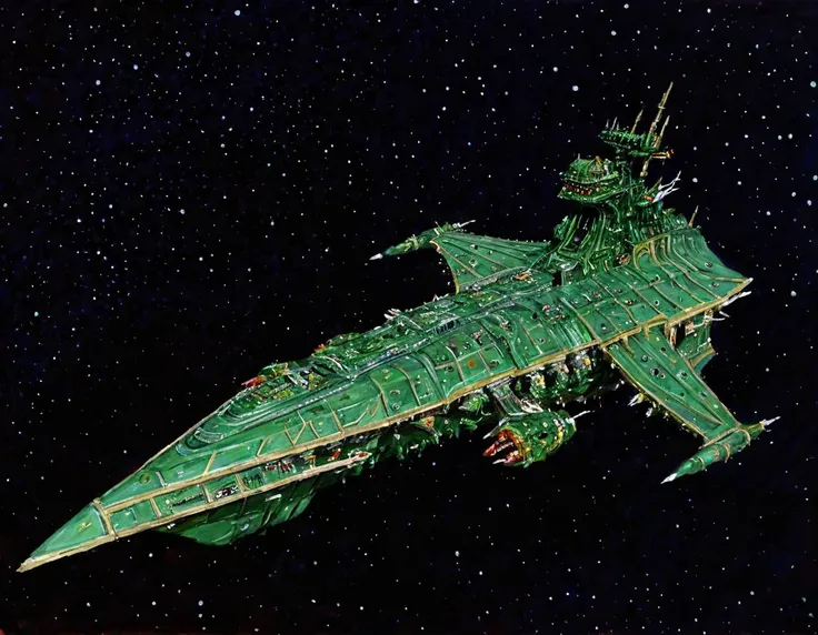 oil painting,<lora:Chaos_Warfleet_-_Warhammer_40000_SDXL:0.8>,a green chaoswarfleet cruiser in outer space, no_humans