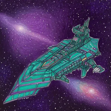 in outer space,simple background,sketch,colored pencils,colored pencil art, <lora:Chaos_Warfleet_-_Warhammer_40000_SDXL:1>, a teal green and purple chaoswarfleet battleship,armor plates,no_humans