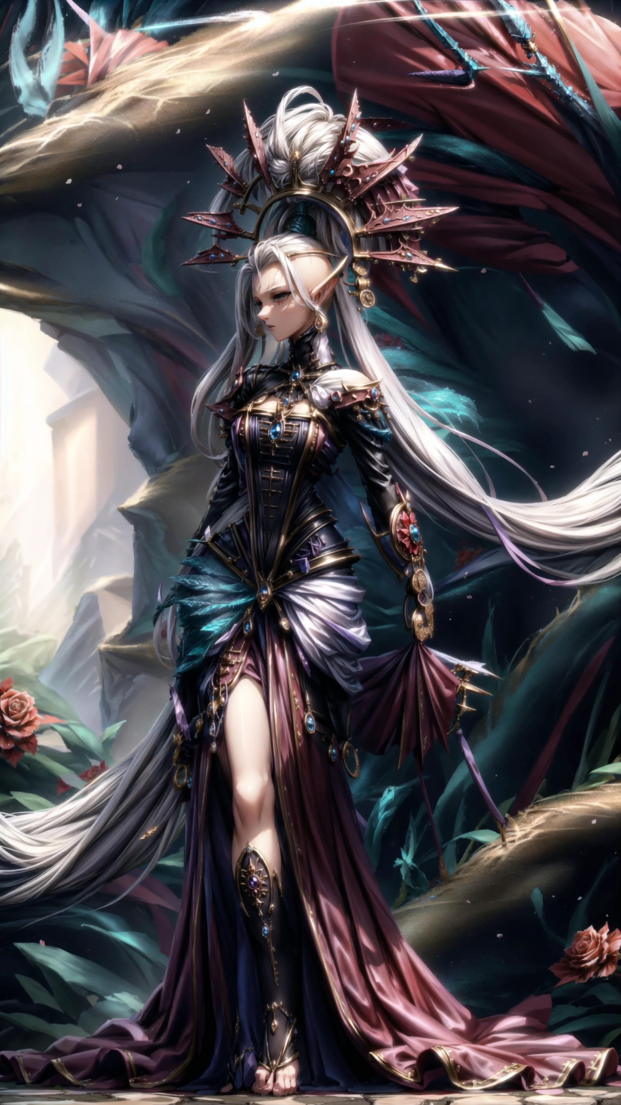 1girl, <lora:FluffyStyle:0.4> FluffyStyle, BREAK,
<lora:Yvraine, The emissary of Ynnead - 40K:0.8> YVRAINE, TOPKNOT, HAIRORNAMENT, white hair, pointy ears, eldari, sidecut, long dress train, <lora:hairdetailer:0.4> BREAK,
cute & girly, looking at viewer, BREAK,
(rose garden, ð¹ð¹ð¹ð¹ð¹,), <lora:add_detail:0.3>, masterpiece, best quality, hyperrealistic, extremely detailed, highly quality, 4k, sharp focus, professional photograph, sharp focus, award winning, cinematic lighting, octane render, unreal engine, volumetrics dtx, Wallpaper,