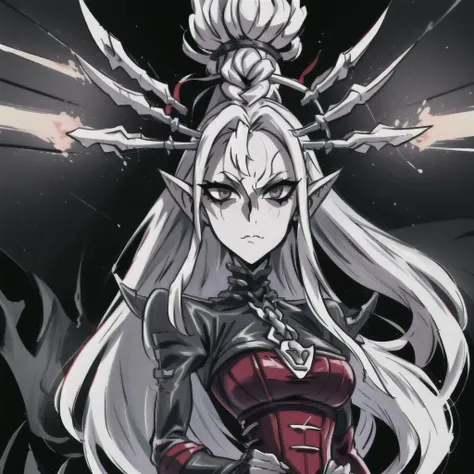 single, solo, (yvraine), long white hair, braid, grey eyes, pointy ears, silver hair, topknot, hair ornament, red corset, medium size breasts, Goth, looking at viewer, in cathedral,
((best quality)), ((masterpiece)), ((realistic)), (detailed), high detail, sharp focus, dramatic, cinematic lighting, accent lighting, absurdres, ray tracing, <lora:Yvraine MK1 by CARAXES:0.8> <lora:hairdetailer:0.2> <lora:ballgownGoth:0.35> <lora:trigger_style:1>