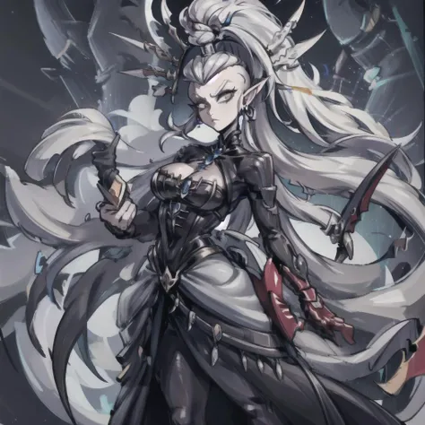 single, solo, (yvraine), long white hair, braid, grey eyes, pointy ears, silver hair, topknot, hair ornament, Cronesword in hand, medium size breasts, Goth, looking at viewer, in cathedral,
((best quality)), ((masterpiece)), ((realistic)), (detailed), high detail, sharp focus, dramatic, cinematic lighting, accent lighting, absurdres, ray tracing, <lora:Yvraine MK1 by CARAXES:0.8> <lora:hairdetailer:0.2> <lora:ballgownGoth:0.35>