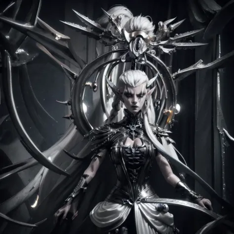 (yvraine), long white hair, braid, grey eyes, pointy ears, silver hair, topknot, hair ornament, Goth, looking at viewer, in living room,
((best quality)), ((masterpiece)), ((realistic)), (detailed), high detail, sharp focus, dramatic, cinematic lighting, accent lighting, absurdres, ray tracing, <lora:Yvraine MK1 by CARAXES:0.8> <lora:hairdetailer:0.2> <lora:ballgownGoth:0.35> <lora:Ankoku_no_Hakaishin:1>