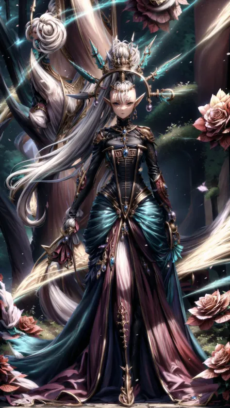 1girl,  <lora:FluffyStyle:0.4> FluffyStyle, BREAK, 
<lora:Yvraine, The emissary of Ynnead - 40K:0.8> YVRAINE, TOPKNOT, HAIRORNAMENT, white hair,  pointy ears, eldari, sidecut, long dress train,  <lora:hairdetailer:0.4> BREAK,
cute & girly, looking at viewer, BREAK,
(rose garden, ð¹ð¹ð¹ð¹ð¹,), <lora:add_detail:0.3>, masterpiece, best quality, hyperrealistic, extremely detailed, highly quality, 4k, sharp focus, professional photograph, sharp focus, award winning, cinematic lighting, octane render, unreal engine, volumetrics dtx, Wallpaper,