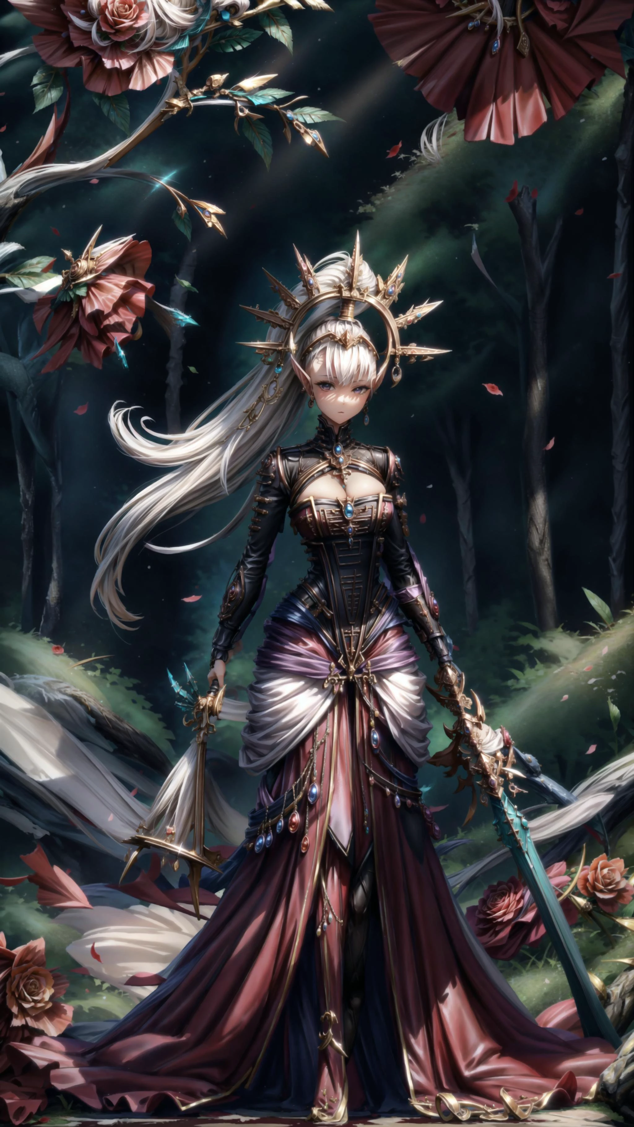 1girl, <lora:FluffyStyle:0.4> FluffyStyle, BREAK,
<lora:Yvraine, The emissary of Ynnead - 40K:0.8> YVRAINE, TOPKNOT, HAIRORNAMENT, white hair, pointy ears, eldari, sidecut, long dress train, <lora:hairdetailer:0.4> BREAK,
cute & girly, looking at viewer, BREAK,
(rose garden, ð¹ð¹ð¹ð¹ð¹,), <lora:add_detail:0.3>, masterpiece, best quality, hyperrealistic, extremely detailed, highly quality, 4k, sharp focus, professional photograph, sharp focus, award winning, cinematic lighting, octane render, unreal engine, volumetrics dtx, Wallpaper,