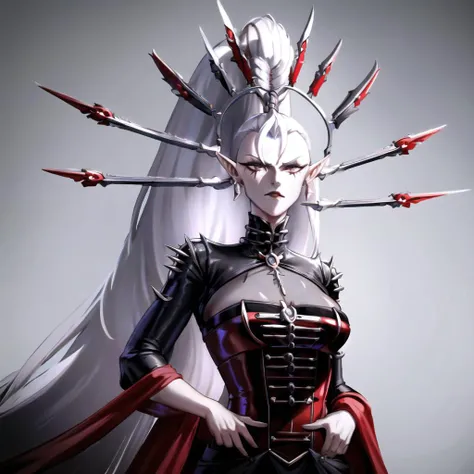 single, solo, (yvraine), long white hair, braid, grey eyes, pointy ears, silver hair, topknot, hair ornament, red corset, small size breasts, Goth, looking at viewer, in cathedral,
((best quality)), ((masterpiece)), ((realistic)), (detailed), high detail, sharp focus, dramatic, cinematic lighting, accent lighting, absurdres, ray tracing, <lora:Yvraine MK1 by CARAXES:0.8> <lora:hairdetailer:0.2> <lora:ballgownGoth:0.35>