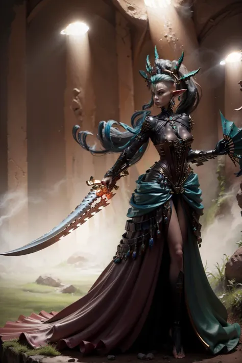 (masterpiece), professional , realistic photo , depth of field ,Gorgeous metal weapon , sword , dual wielding, fan, yvraine, pointy ears, <lora:Yvraine MK1 by CARAXES:0.8> <lora:artstyle - hipoly_3dcg_v7-epoch-000012:0.7>
