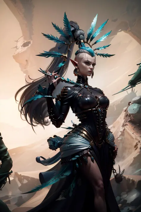 (masterpiece), professional , realistic photo , depth of field ,Gorgeous metal weapon , sword , dual wielding, fan, yvraine, pointy ears, ((top knot, feather hair ornament:1.5)), <lora:Yvraine MK1 by CARAXES:0.8> <lora:artstyle - hipoly_3dcg_v7-epoch-000012:0.7>