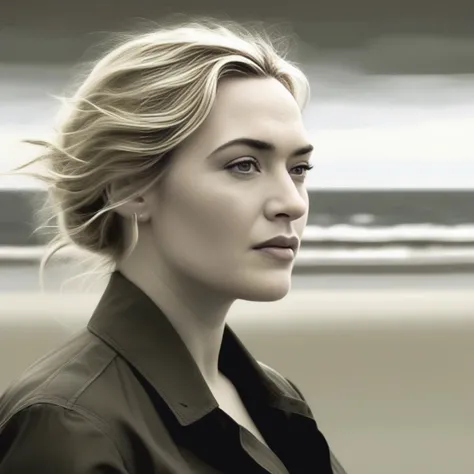 KateWinslet,<lora:KateWinslet,SDXL:1>  art by Peter Holme III, portrait, dense beach,close up of a Stressed Capricious Futuristic Girl, Tailor, at Bristol, [mountains|flora], Westernpunk, Side lighting, Mono Color