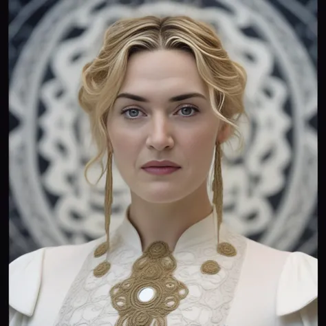 KateWinslet, [art by Sophie Wilkins|art by Eugène Atget], photograph, masterpiece, Lyrical Girl, wearing Theatre costume in Mathematical embroidery, Asymmetrical hair, Crying, Dragonpunk, film grain, Nikon Z9, 35mm,  <lora:KateWinslet,SDXL:1>