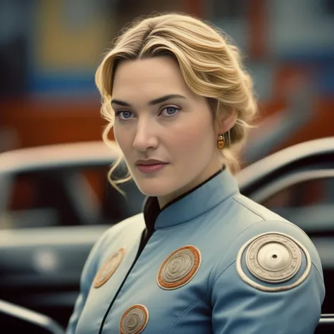 KateWinslet, photograph, intricate details, Award-Winning Tang Dynasty (Female:1.1) , Race car driver, Space Age hairstyle, Keychain, background is Factory, deep focus, Realistic, Evil, Naturecore, film grain, film camera, F/14, art by Hendrick Cornelisz Vroom, <lora:KateWinslet,SDXL:1>
