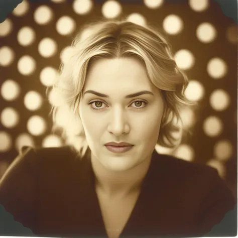 KateWinslet, photograph, Stupid Female, ð¤®, Thoughtful Pose, Bokeh, Surprising, Polaroid, 80mm, Sepia filter, cosmic energy, (art by Verner Panton:0.9) , <lora:KateWinslet,SDXL:1>