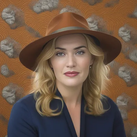 KateWinslet, art by Michael Kidner, photograph, Anxious Girl, Watchmaker, wearing [Dusty|Terrifying] Tibetan tiger print Wide-brimmed hat, roots with Maple tree, Illustration, Grimdark, flat lighting, film grain, Sony A9 II, Zoom lens,  <lora:KateWinslet,SDXL:1>