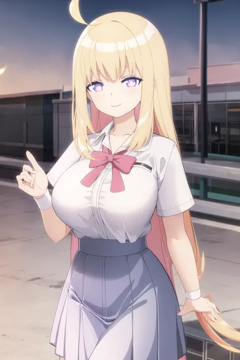 lunatic, wide hips, large breasts, looking at viewer, smile, ahoge, white shirt, pleated skirt, blonde hair, outdoors, school, school uniform, <lora:lunatic-08:0.6>, <lora:Cutesy4-10:0.6>