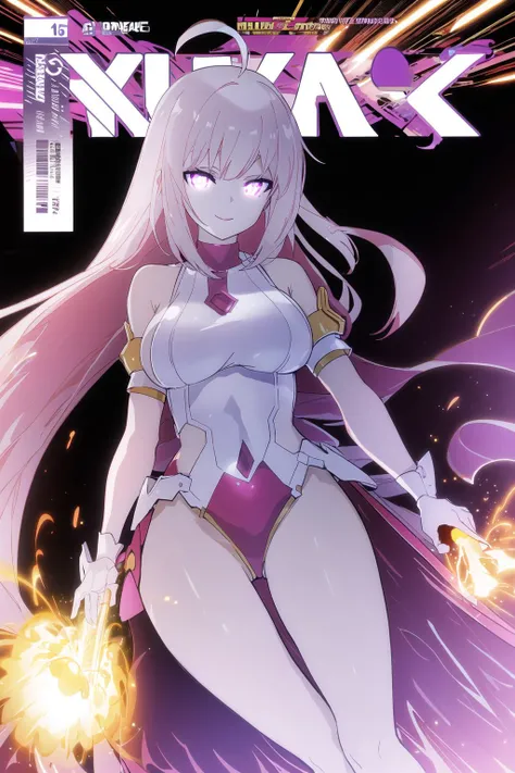 lunatic /(combat/), (comic cover), wide hips, large breasts, looking at viewer, smile, ahoge, energy, glowing, leotard, bare legs, <lora:lunatic-08:0.6>, <lora:Comic-10:0.6>