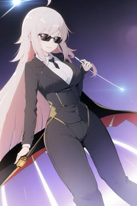 lunatic /(combat/), (mib suit), wide hips, large breasts, looking at viewer, smile, ahoge, flash, dress_pants, coat, holding neuralyzer, sunglasses, <lora:lunatic-08:0.6>, <lora:MIB Suit and Neuralyzer V4:0.6>