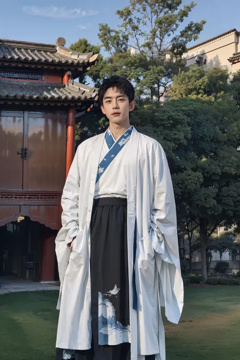 <lora:hanfu_nan:0.6>, 1boy, solo, short hair, big eyes, (white/red/black/blue print robe), (yellow/blue/white/red/black long print skirt), (yellow/blue/white/red/black print shirt),(upper body),(standing),outdoors,(chinese style countryard),<lora:HandsomeKoreanBoys:0.6>