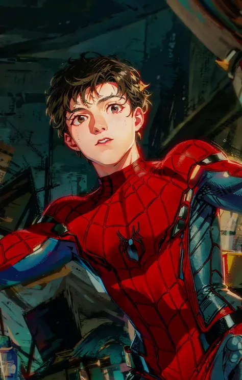 Upper body only,spider-man <lora:tom-holland-spiderman-09:1>