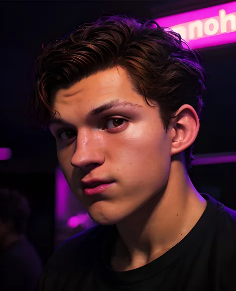 realistic photograph of adult tom holland, posing, thick pink lips, oversized black tshirt, stocky body, dark brown eyes, very short messy hair, serious expression, purple lighting, neon lighting, jawline, film grain, professional photo shoot, looking at viewer, dark, kodak portra 100, <lora:tom-holland-v2:1>