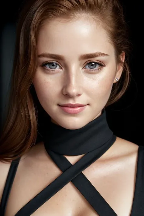 ((2/3 body view)), ALA ((wearing a sleeveless turtleneck dress)), model shoot style, extremely intricate, High Detail, Sharp focus, dramatic, soft cinematic light, 8k raw, high res, ultrarealistic, hyperrealistic, soft lighting, good lighting, textured skin, photorealism, high details, DSLR photo, (detailed face:1.3), detailed hair, imperfect skin, (skin pores:1.1), (natural skin:1.3), (looking at viewer), (Real Eyes), (Detailed Eye Corneas) (detailed pupils), ((smiling:1.2)), photo lab, elegant, ((insane details)), hyperdetailed, low contrast, epiCRealism, (((SFW)))