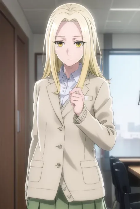 rioamakusa, <lora:rio amakusa s1-lora-nochekaiser:1>,
rio amakusa, long hair, blonde hair, (yellow eyes:1.2), (forehead:1.2),
BREAK skirt, shirt, long sleeves, school uniform, jacket, white shirt, pleated skirt, socks, miniskirt, blazer, cardigan, green skirt,
BREAK indoors, classroom,
BREAK looking at viewer, (cowboy shot:1.5),
BREAK <lyco:GoodHands-beta2:1>, (masterpiece:1.2), best quality, high resolution, unity 8k wallpaper, (illustration:0.8), (beautiful detailed eyes:1.6), extremely detailed face, perfect lighting, extremely detailed CG, (perfect hands, perfect anatomy),