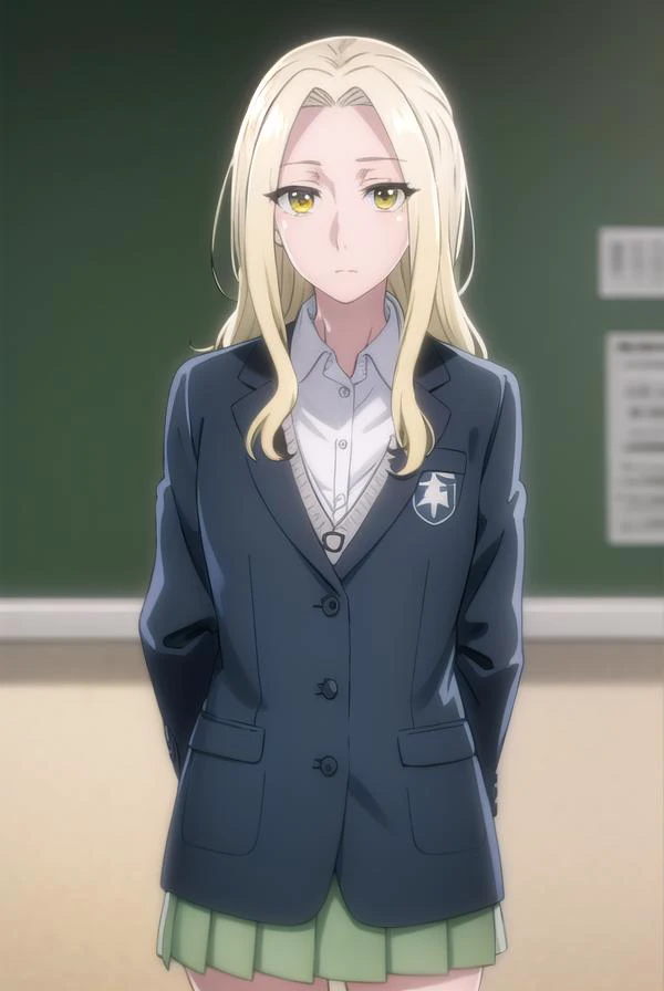 rioamakusa, <lora:rio amakusa s1-lora-nochekaiser:1>,
rio amakusa, long hair, blonde hair, (yellow eyes:1.2), (forehead:1.2),
BREAK skirt, shirt, long sleeves, school uniform, jacket, white shirt, pleated skirt, socks, miniskirt, blazer, cardigan, green skirt,
BREAK indoors, classroom,
BREAK looking at viewer, (cowboy shot:1.5),
BREAK <lyco:GoodHands-beta2:1>, (masterpiece:1.2), best quality, high resolution, unity 8k wallpaper, (illustration:0.8), (beautiful detailed eyes:1.6), extremely detailed face, perfect lighting, extremely detailed CG, (perfect hands, perfect anatomy),