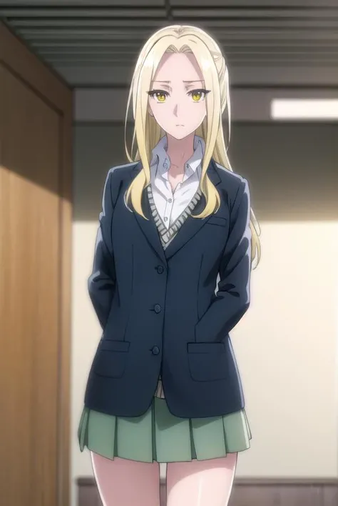 rioamakusa, <lora:rio amakusa s1-lora-nochekaiser:1>,
rio amakusa, long hair, blonde hair, (yellow eyes:1.2), (forehead:1.2),
BREAK skirt, shirt, long sleeves, school uniform, jacket, white shirt, pleated skirt, socks, miniskirt, blazer, cardigan, green skirt,
BREAK indoors, classroom,
BREAK looking at viewer, (cowboy shot:1.5),
BREAK <lyco:GoodHands-beta2:1>, (masterpiece:1.2), best quality, high resolution, unity 8k wallpaper, (illustration:0.8), (beautiful detailed eyes:1.6), extremely detailed face, perfect lighting, extremely detailed CG, (perfect hands, perfect anatomy),