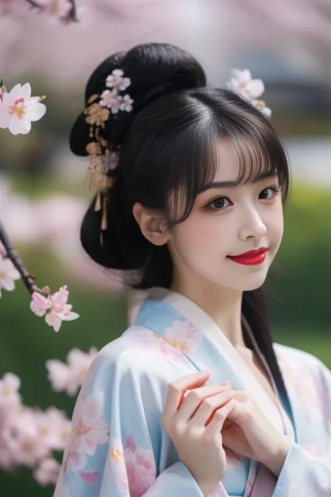 ultra-detailed,highly detailed,best quality,masterpiece,illustration,realistic,
kimono, 1girl, solo, japanese clothes, kimono, holding flower, black hair, looking at viewer, blurry background, blurry, flower, holding, smile, upper body, red lips, branch, black eyes, cherry blossoms, closed mouth, realistic, white kimono, hair bun, lips, wide sleeves, depth of field, sash, long sleeves, makeup, single hair bun, lipstick, outdoors, hands up, brown eyes, own hands together, obi, white flower, bangs, ribbon, floral print, long hair
<lora:kimono_v1_03:0.6> <lora:ziyan_v1_02:0.8>