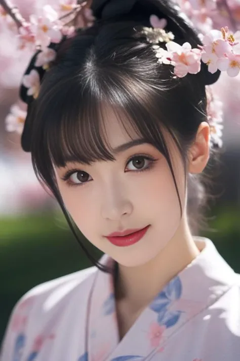 ultra-detailed,highly detailed,best quality,masterpiece,illustration,realistic,
1girl, solo, upper body,
kimono,japanese clothes,obi, sash, floral print, traditional media, obijime,
hair ornament, hair flower, single hair bun, short hair, hair up,eyelashes,
day,spring,wind,cherry blossoms, falling petals,
painting \(medium\),
<lora:kimono_v1_03:0.6> <lora:ziyan_v1_02:0.8>
