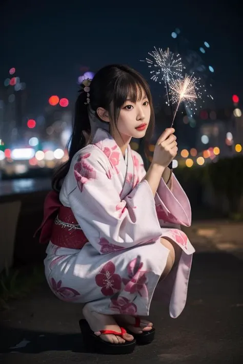 ultra-detailed,highly detailed,best quality,masterpiece,illustration,realistic,
1girl, solo, looking at viewer, brown eyes, full body,
kimono, japanese clothes, sash, obi,yukata, wide sleeves,long sleeves, floral print, tabi, clogs,
outdoors, night sky, night,fireworks, sparkler, bug,butterfly, depth of field, blurry background, city, city lights,
long hair, black hair, hair ornament, hair flower, twintails, bangs,
squatting, flower, holding,
<lora:kimono_v1_03:0.7>