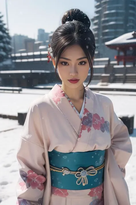 ultra-detailed,highly detailed,best quality,masterpiece,illustration,realistic,
1girl, solo, upper body,
kimono,japanese clothes,obi, sash, floral print, traditional media, obijime,
hair ornament, hair flower, single hair bun, short hair, hair up,eyelashes,
snow,snowing, flower, winter, wind,dark,snowstorm,
painting \(medium\),
<lora:kimono_v1_03:0.7>