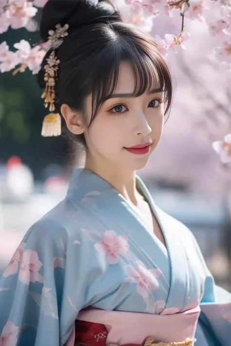 ultra-detailed,highly detailed,best quality,masterpiece,illustration,realistic,
1girl, solo, upper body,
kimono,japanese clothes,obi, sash, floral print, traditional media, obijime,
hair ornament, hair flower, single hair bun, short hair, hair up,eyelashes,
day,spring,wind,cherry blossoms, falling petals,
painting \(medium\),
<lora:kimono_v1_03:0.6> <lora:ziyan_v1_02:0.8>