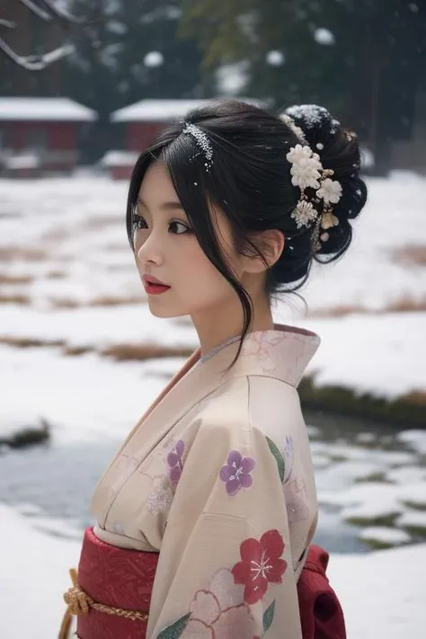 ultra-detailed,highly detailed,best quality,masterpiece,illustration,realistic,
1girl, solo, upper body,
kimono,japanese clothes,obi, sash, floral print, traditional media, obijime,
hair ornament, hair flower, single hair bun, short hair, hair up,eyelashes,
snow,snowing, flower, winter, wind,dark,snowstorm,
painting \(medium\),
<lora:kimono_v1_03:0.7>