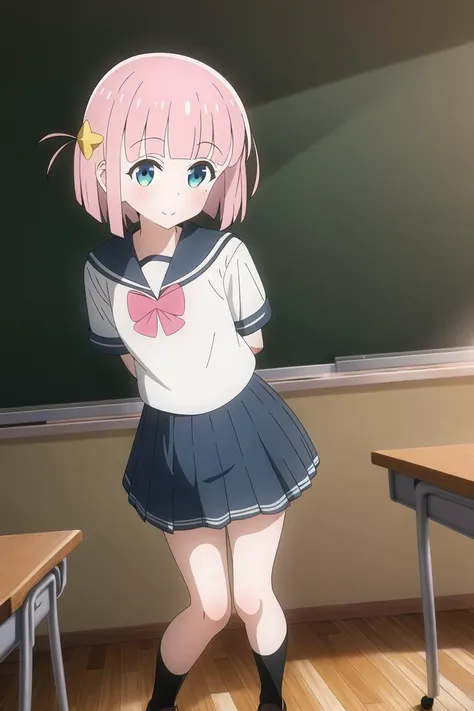 highres, 1girl, gotou futari, serafuku, facing viewer, standing, arms behind back, classroom