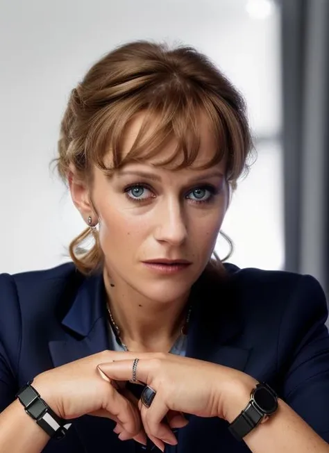 portrait of hm1, Modern Business Suit, Smartwatch, Tablet, Bluetooth Headset, Laser Pointer, woman, (photo, studio lighting, hard light, sony a7, 50 mm, matte skin,  colors, hyperdetailed, hyperrealistic),  <lora:HelenMirren:1>