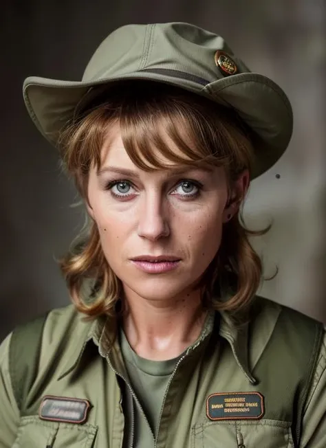 portrait of hm1, Archaeologist's Outfit with Khaki Shirt, Cargo Pants, Hat with Explorer's Badge, Field Journal, Digging Tools, woman, (photo, studio lighting, hard light, sony a7, 50 mm, matte skin, colors, hyperdetailed, hyperrealistic), <lora:HelenMirren:1>