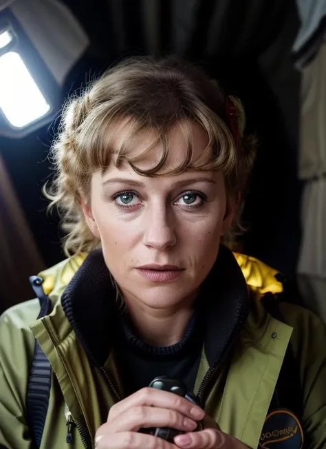 portrait of hm1, Environmental Scientist's Field Gear with Outdoor Jacket, Boots, Binoculars, Soil Sampling Kit, Environmental Data Logger, woman, (photo, studio lighting, hard light, sony a7, 50 mm, matte skin,  colors, hyperdetailed, hyperrealistic),  <lora:HelenMirren:1>