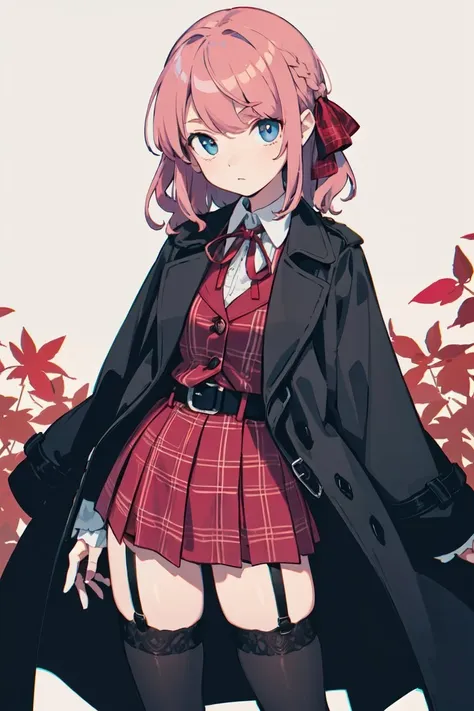 ((masterpiece, best quality)), (pink hair:1.2), medium hair, wavy hair, (hair ribbon:1.2), black trench coat, blue eyes, swept bangs, red cape, red neck ribbon, asymmetrical hair, (plaid vest:1.2), black belt, black thighhighs, uniform, red armband, garter straps, leaf print,