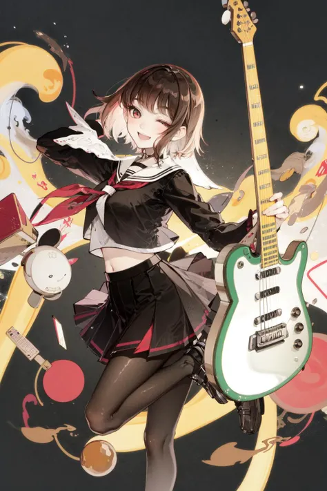 masterpiece, best quality, extremely detailed, detailed background, detailed face,blunt bangs, 1girl, solo, pantyhose, one eye closed, skirt, school uniform, smile, brown pantyhose, electric guitar, guitar, serafuku, red eyes, brown hair, instrument, looking at viewer, braid, black skirt, sailor collar, holding, open mouth, shirt, short hair, ;d, pleated skirt, long sleeves, black footwear, crop top, white background, black shirt, shoes, neckerchief, simple background, plectrum, black serafuku, miniskirt, midriff, standing, loafers, red neckerchief, id card, leg up, standing on one leg, black pantyhose, holding instrument, from side