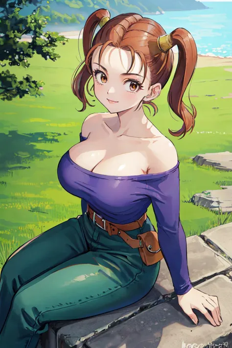 <lora:JessicaAlbertDragonQuest2:1>jessica albert,jessica albert (dragon quest),bare shoulders,purple shirt,from above,
(best quality, masterpiece, RAW photo,ultra-detailed:1.2), <lyco:GoodHands-beta2:1.0>,1girl,solo,looking at viewer,smile,large breasts,