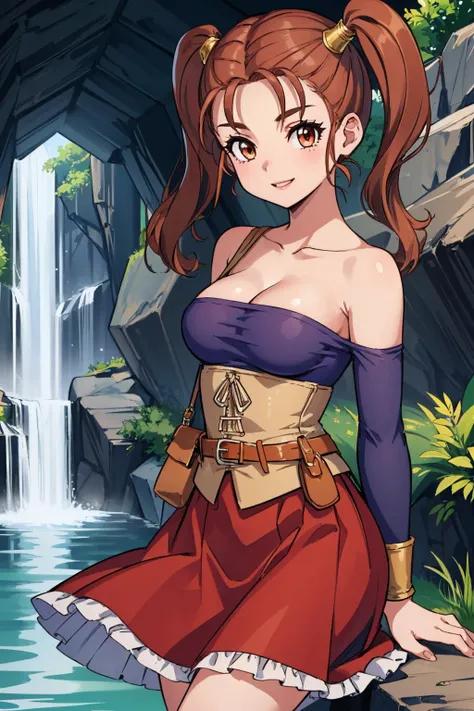 <lora:JessicaAlbertDragonQuest2:1> Jessica Albert (Dragon Quest), Jessica Albert, 1girl, frilly red skirt, corset, purple shirt, bare shoulders, belt with pouches, short twintails
beautiful, masterpiece, best quality, smiling, looking at viewer, inside cavern, waterfall