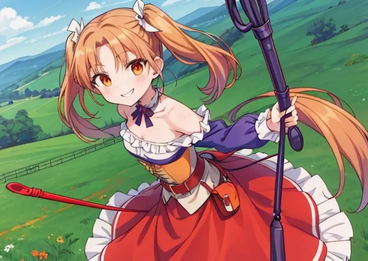 masterpiece, best quality, <lora:lora:0.6>,Jessica Albert,outdoor, green fields ,from above,1girl, frilly red skirt, corset,(long sleeve bare shoulder purple shirt), belt with pouches, (orange short twintails),evil smile,(wield a whip,whip:1.4),<lora:GoodHands-vanilla:0.8> <lora:anmnr01:0.3> <lora:add_detail:0.5>