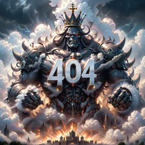 A mighty overlord, the essence of the digital anomaly known as '404', emerges from the billowing cloud layers. This grand villain, shaped in the very numbers that spell out its name, manifests as a colossal figure with '4' as its sturdy legs, '0' forming the core of its body, and the final '4' shaping an imposing head, complete with glaring eyes and a crown signifying its dominion over the realm of the missing and the undefined. Its presence looms over the ethereal skyscape, a symbol of chaos and the unfound, reigning supreme in a domain where few dare to tread,<lora:404ra_v4.0.4:0.7>, <lora:SDXL_Sacred_beast:0.5>