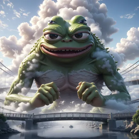 Hyperrealistic art BJ_Sacred_beast,pepe_frog,outdoors,sky,day,cloud,water,blue_sky,no_humans,cloudy_sky,building,scenery,reflection,monster,bridge,fog,
cinematic lighting,strong contrast,high level of detail,Best quality,masterpiece,White background,<lora:SDXL_Sacred_beast:0.7>, . Extremely high-resolution details, photographic, realism pushed to extreme, fine texture, incredibly lifelike, <lora:pepe_frog SDXL:0.8>
