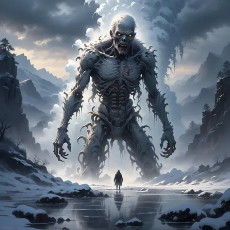 In a chilling and mysterious painting, a desolate winter landscape unfolds. A solitary figure braves the elements, traversing a snowy expanse. The foreground reveals a solitary figure, an unabating cold rain cascading upon his sturdy frame. Defiant against the harshness of the frigid winter, he steadfastly journeys through the icy wilderness. In stark contrast, a group of grotesque zombies shambles just beyond, their eerie presence heightening the tension. The artist masterfully captures both the beauty and the terror in this scene, encapsulating the struggle between life and death in a haunting tableau. <lora:SDXL_Sacred_beast:0.65> BJ_Sacred_beast